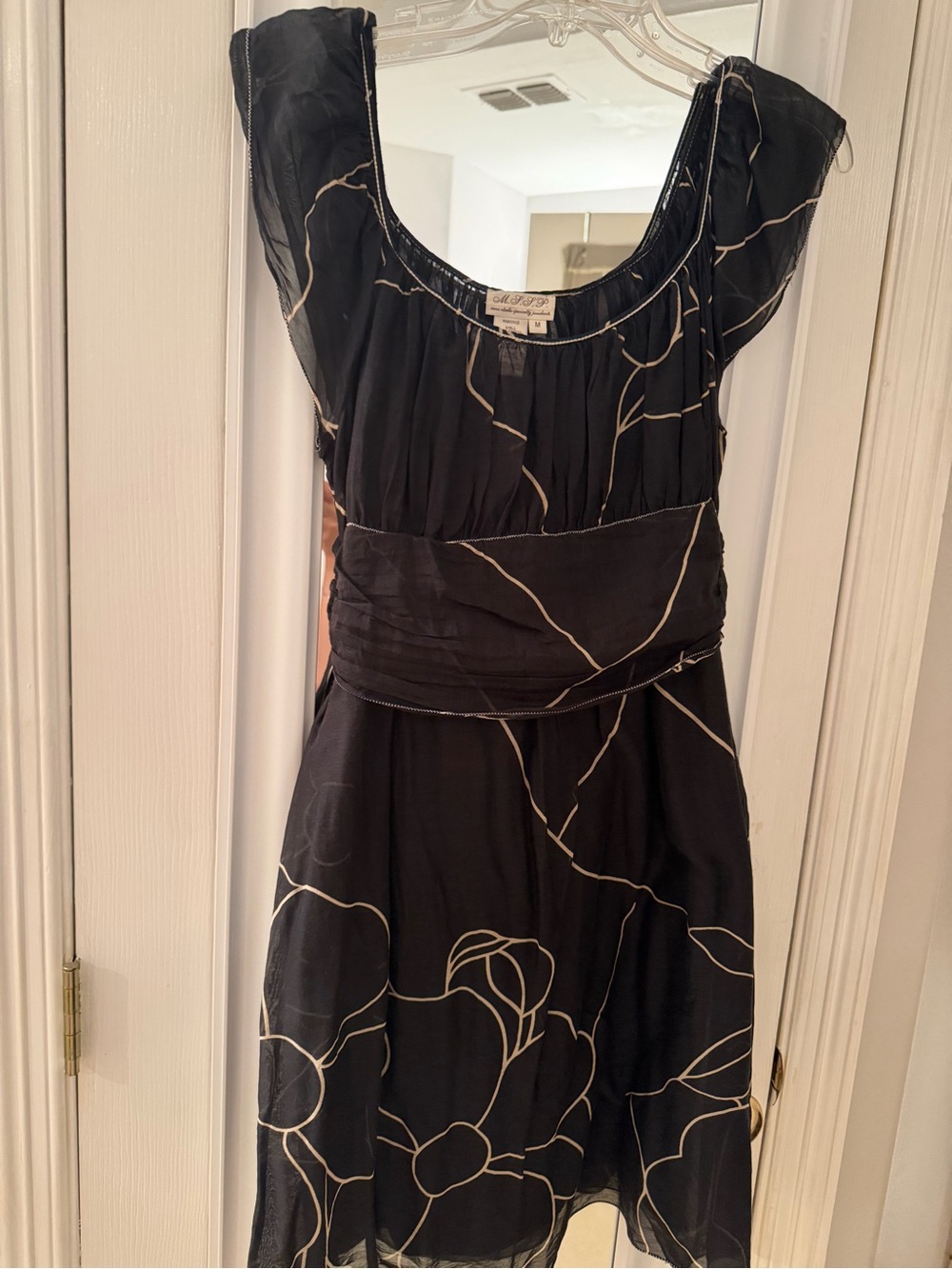 Black Floral-Print Midi Dress with Cinched Waist